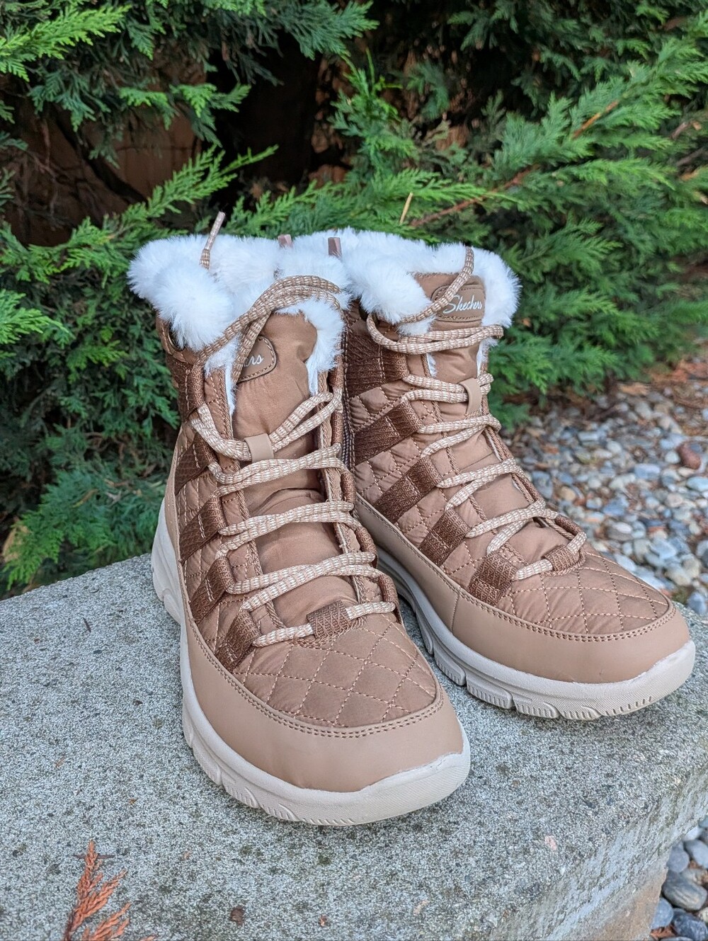 Skechers Quilted Lace-Up Faux-Fur Winter Boot in Taupe and White